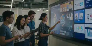 Professionnels engagés devant un écran interactif, symbolisant les stratégies de contenu interactif