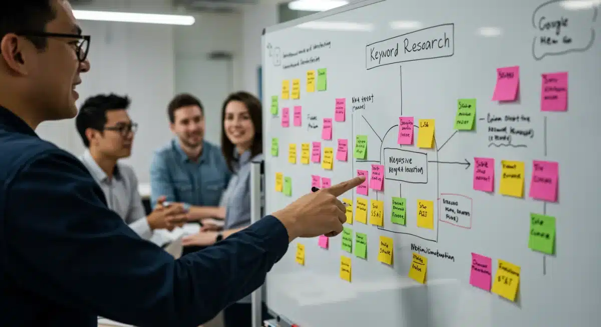 Tableau blanc avec des post-it de recherche de mots-clés et de mots-clés négatifs pour l'optimisation Google Ads.