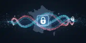 Illustration numérique des nouvelles réglementations françaises 2025 sur la gestion des données client omnicanal, avec des flux de données sécurisés et un cadenas.