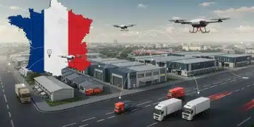 Illustration d'un réseau logistique français optimisé, avec des camions et des entrepôts, symbolisant l'efficacité et la rapidité des livraisons.
