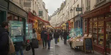Rue commerçante française animée avec des éléments numériques intégrés, représentant une stratégie omnicanale agile pour les petits commerces.