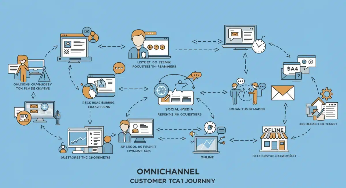 Schéma illustrant les points de contact intégrés d'un parcours client omnicanal.