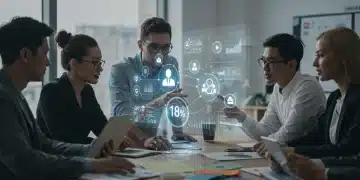 Professionnels analysant l'intégration des réseaux sociaux dans une stratégie omnicanale pour 2025, avec une projection holographique d'indicateurs de performance.