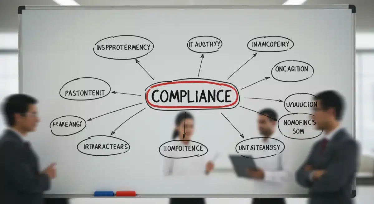 Tableau blanc avec des mots-clés de conformité et des diagrammes, illustrant la complexité de la gestion de la conformité d'entreprise.