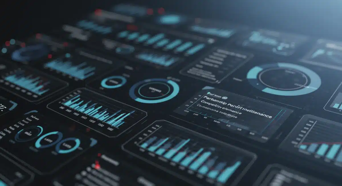 Tableau de bord numérique affichant des indicateurs clés de performance pour l'analyse des partenariats et de la concurrence, avec des graphiques et des données.