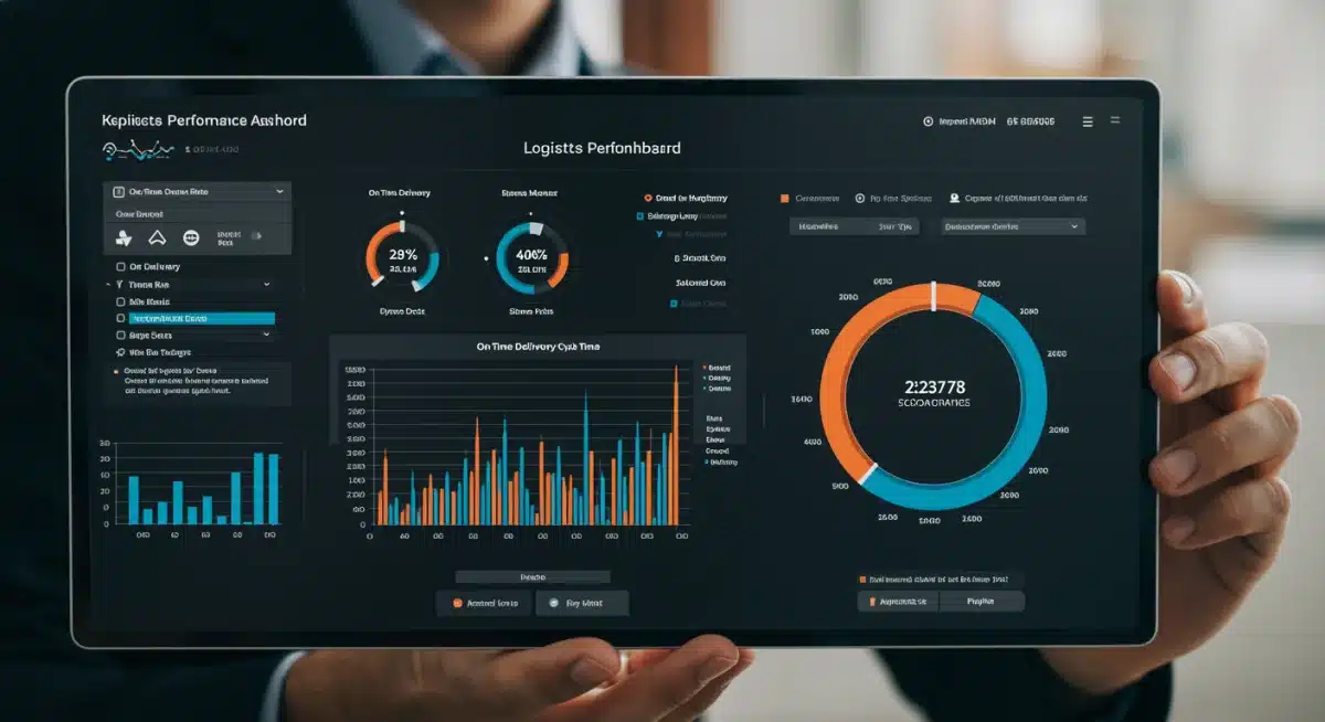 Tableau de bord des KPIs logistiques avec taux de livraison à temps, cycle de traitement des commandes et rotation des stocks.
