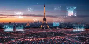 Paysage numérique futuriste représentant les tendances du marketing digital en France pour 2025, avec des éléments d'IA et de personnalisation.