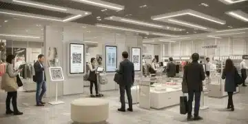 Clientèle diverse naviguant dans un espace de vente omnicanal moderne en France, avec des écrans interactifs et une assistance personnalisée.