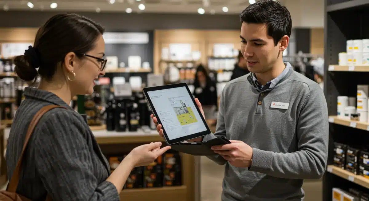 Vendeur en magasin offrant un service personnalisé avec une tablette numérique à un client.