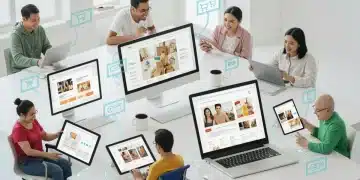 Groupe diversifié de personnes utilisant des appareils numériques pour des achats en ligne accessibles en 2026.