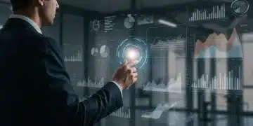 Professionnel analysant des données concurrentielles projetées en hologramme pour le marché français 2026.