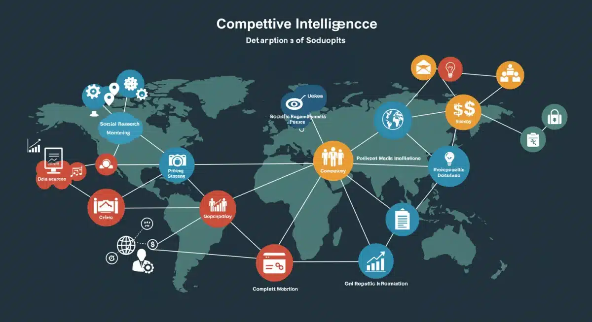 Infographie complexe montrant le réseau de l'intelligence concurrentielle et les liens stratégiques.