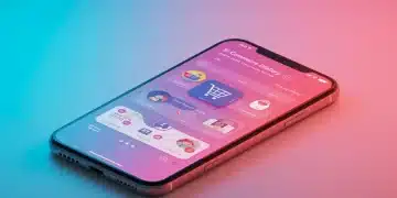 Interface smartphone futuriste affichant une expérience utilisateur mobile-first optimisée pour l'e-commerce en 2026, avec des produits et un panier.