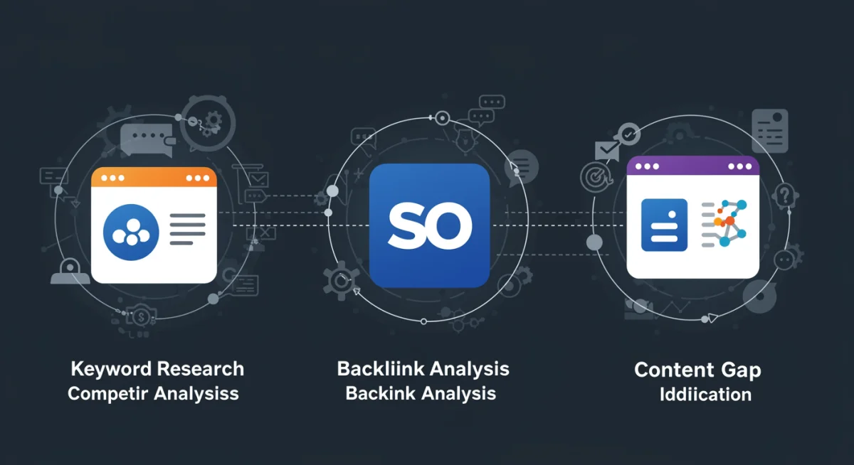Illustration numérique des logos de trois outils SEO majeurs pour l'analyse concurrentielle, connectés par des flux de données.