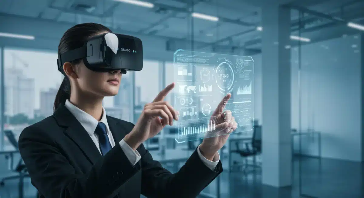 Professionnel utilisant des lunettes de réalité augmentée pour interagir avec des données numériques en environnement de bureau.