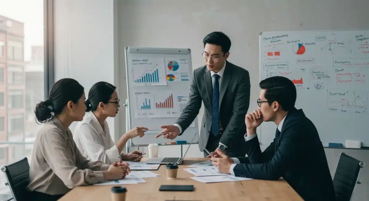 Cadres d'entreprise analysant des stratégies d'expansion de marché avec des projections de croissance.