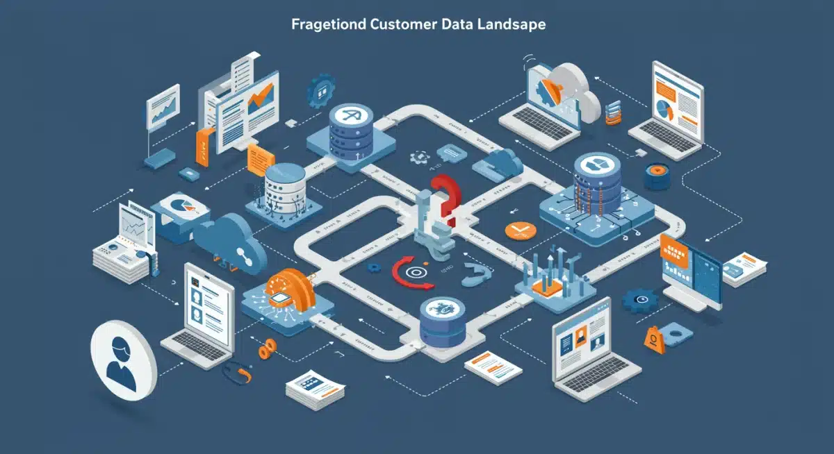 Représentation visuelle de la fragmentation des données clients, un défi majeur pour les stratégies omnicanal en France.
