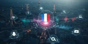 Paysage numérique futuriste avec des ondes vocales et des icônes de recherche visuelle convergeant vers des résultats SEO optimisés en France.