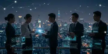 Professionnels analysant les tendances du marché digital français en 2026, avec des graphiques holographiques de fidélisation client.