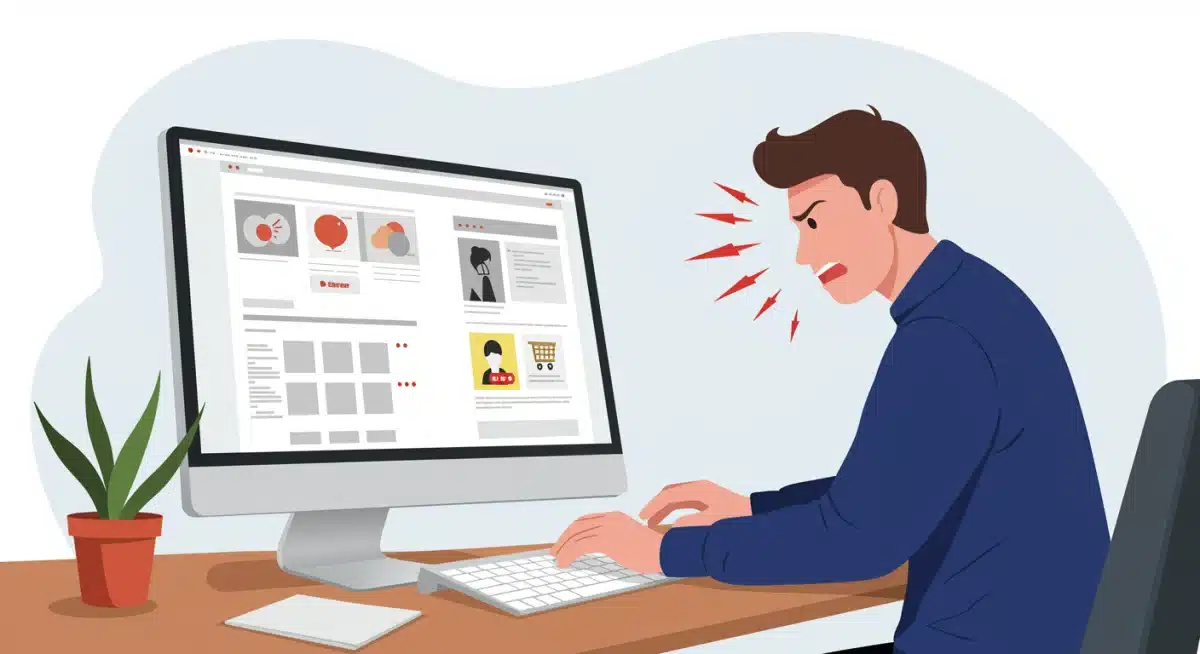 Utilisateur frustré face à un site e-commerce lent et complexe, symbolisant une mauvaise expérience utilisateur.