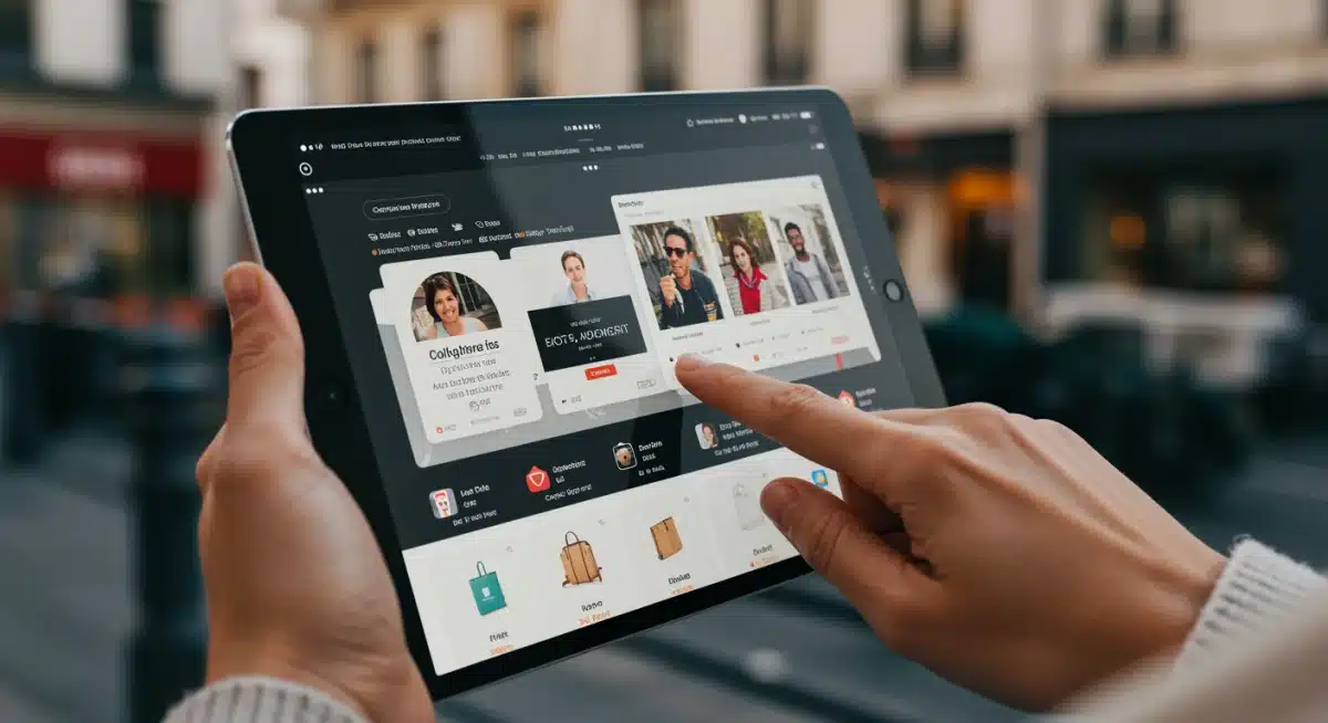 Utilisateur interagissant avec un site e-commerce intuitif et personnalisé sur tablette, navigation fluide.