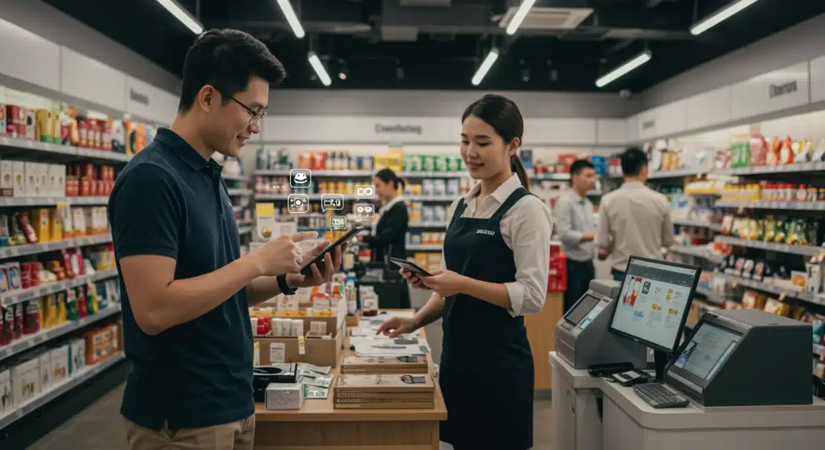 Client utilisant une application mobile en magasin pour des informations produit, avec un vendeur assistant un autre client à la caisse intelligente.