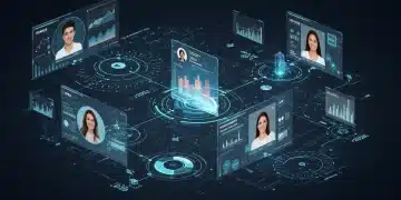 Illustration futuriste des réseaux numériques et des tendances du marché e-commerce français en 2026, avec des données holographiques et divers profils de consommateurs.