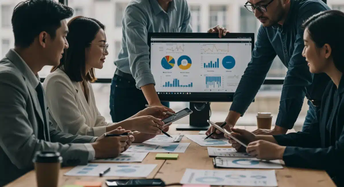 Équipe analysant des données concurrentielles sur un écran, symbolisant la prise de décision stratégique en 2026.