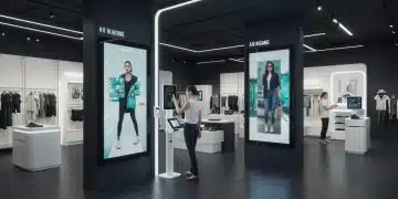 Intérieur de magasin futuriste avec des écrans numériques interactifs et des clients utilisant des technologies omnicanal avancées.