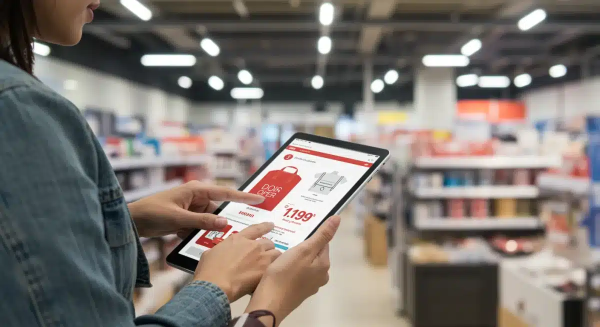 Client consultant des offres personnalisées sur une tablette, illustrant la stratégie omnicanal.