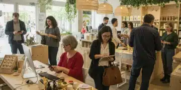 Groupe diversifié de consommateurs français interagissant avec la technologie et des produits durables en magasin en 2026.