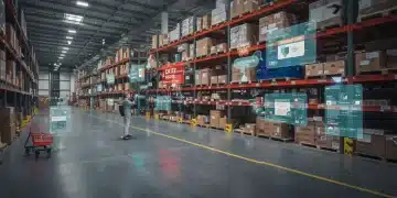 Illustration d'un entrepôt moderne avec des interfaces numériques intégrées, symbolisant la gestion omnicanale des stocks.