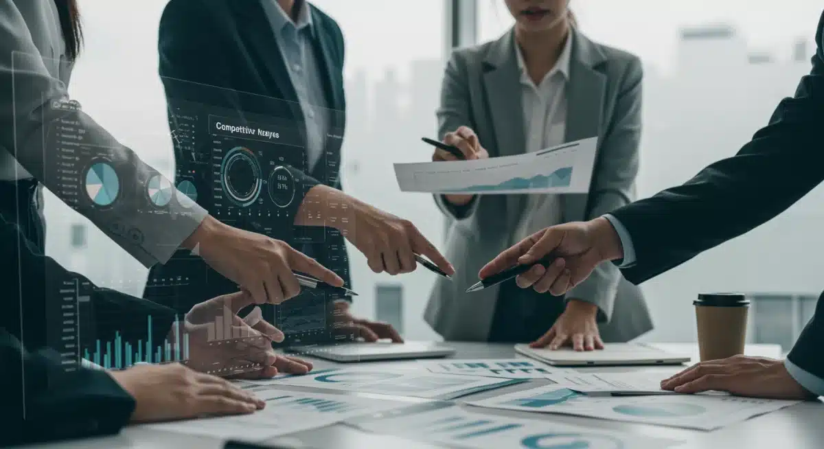 Équipe d'affaires collaborant autour d'un écran affichant des données d'analyse concurrentielle complexes.