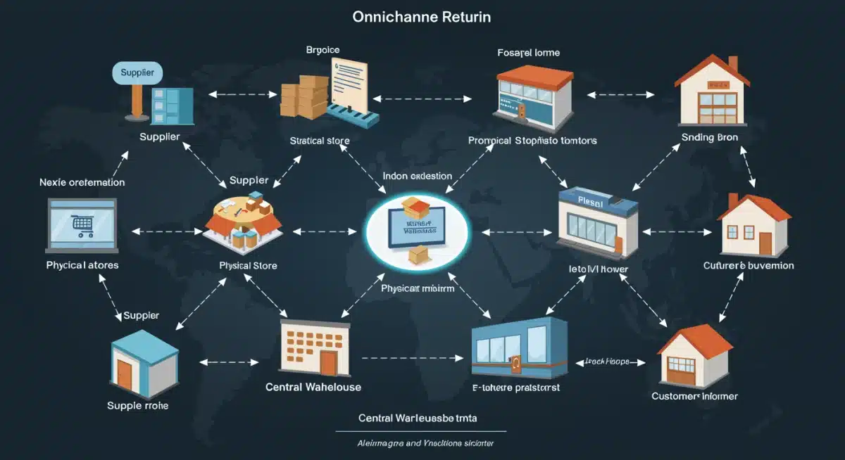 Schéma de flux de marchandises et d'informations dans un écosystème de vente au détail omnicanal, mettant en avant l'intégration.