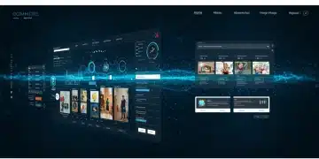 Interface moderne de site e-commerce avec des indicateurs d'engagement utilisateur et de temps de session, symbolisant l'analyse UX.