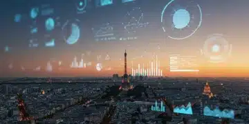 Vue panoramique de Paris avec des éléments d'analyse de marché numérique superposés, symbolisant l'analyse concurrentielle en France.