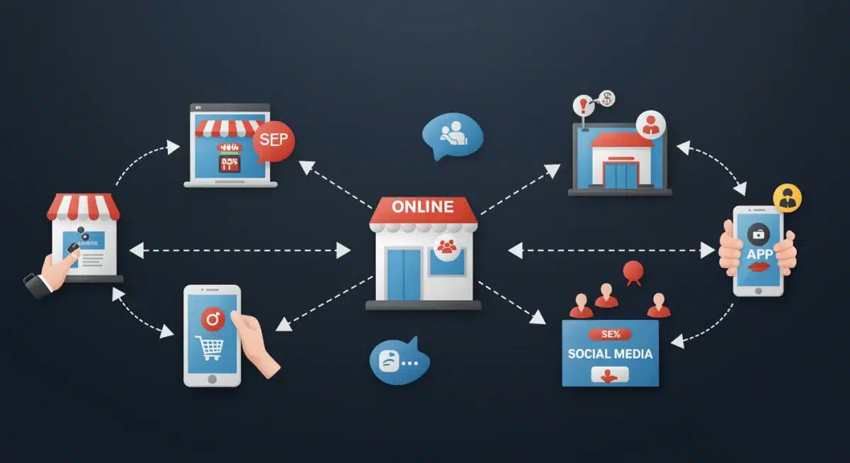 Infographie illustrant l'intégration des canaux de vente omnicanal pour une expérience client fluide.
