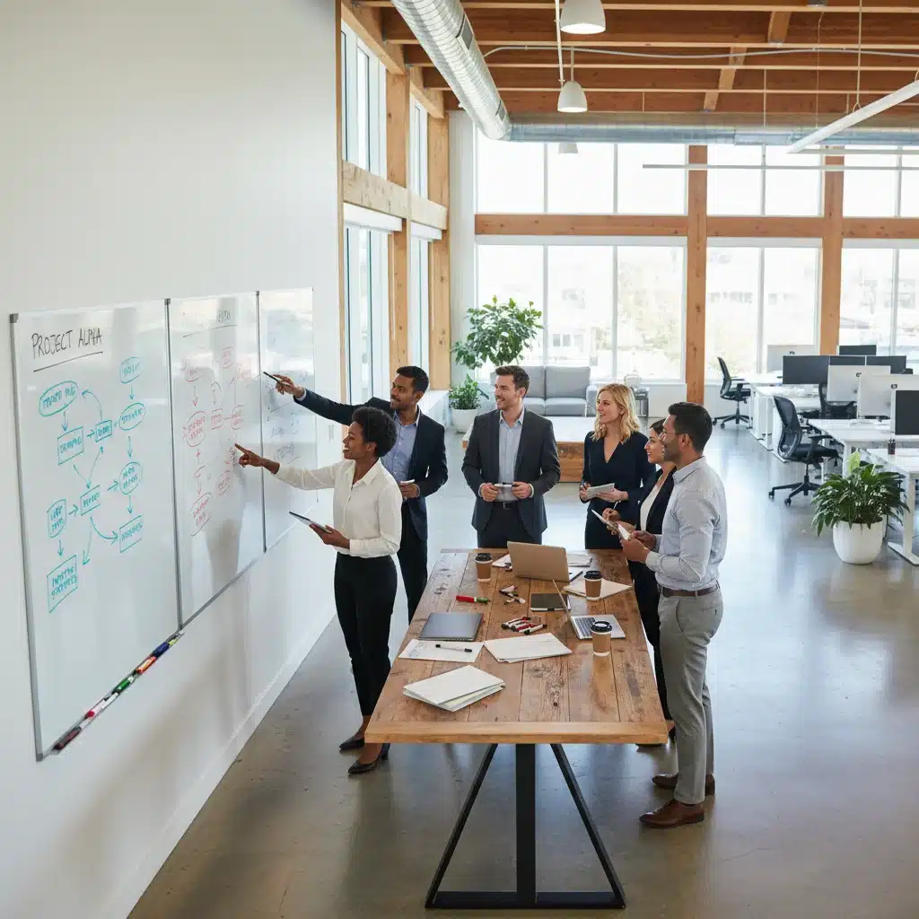 Équipe d'innovation en pleine collaboration pour des solutions stratégiques.
