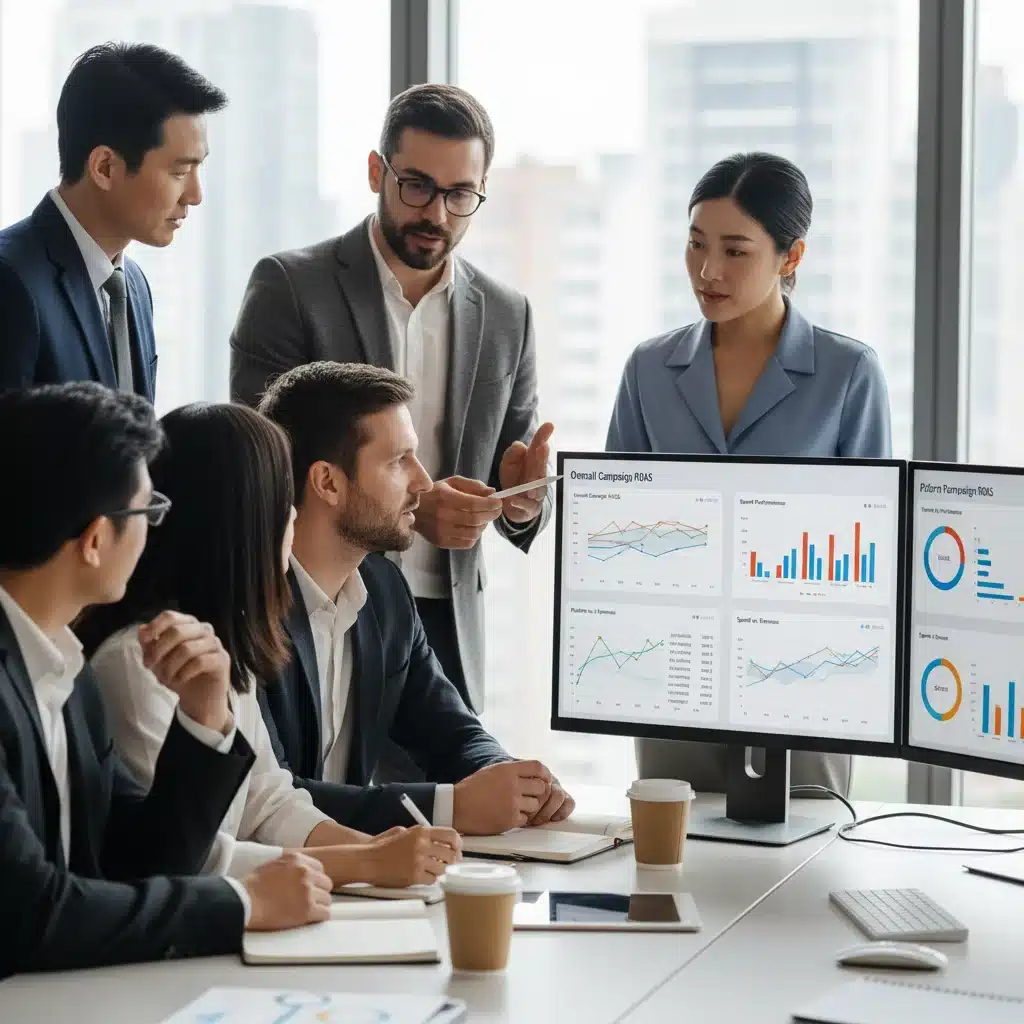 Équipe marketing analysant des données ROAS sur des écrans d'ordinateur pour optimiser les campagnes.
