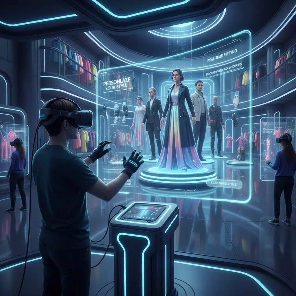 Client essayant virtuellement des vêtements sur un avatar dans un magasin de réalité virtuelle, symbolisant l'essayage virtuel immersif.