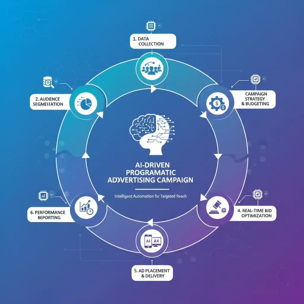 Infographie expliquant les étapes d'une campagne publicitaire programmatique pilotée par l'IA.