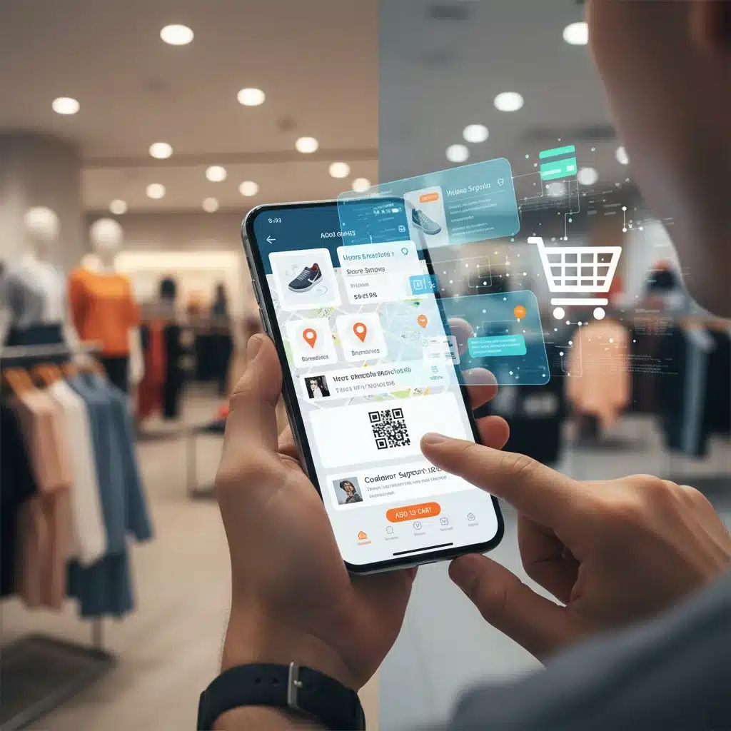 Expérience omnicanale fluide sur smartphone, intégrant shopping physique et en ligne.