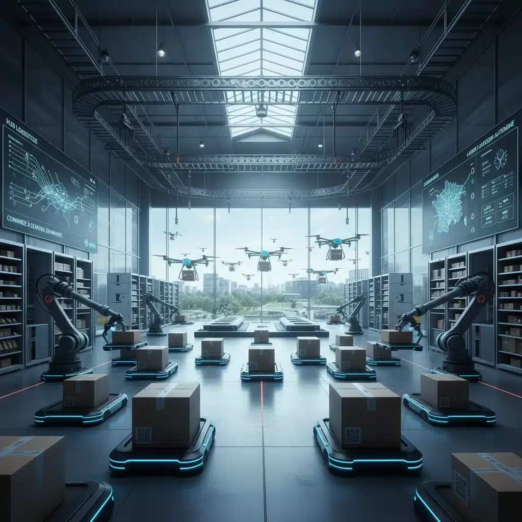 Robots et drones dans un centre logistique pour livraison rapide