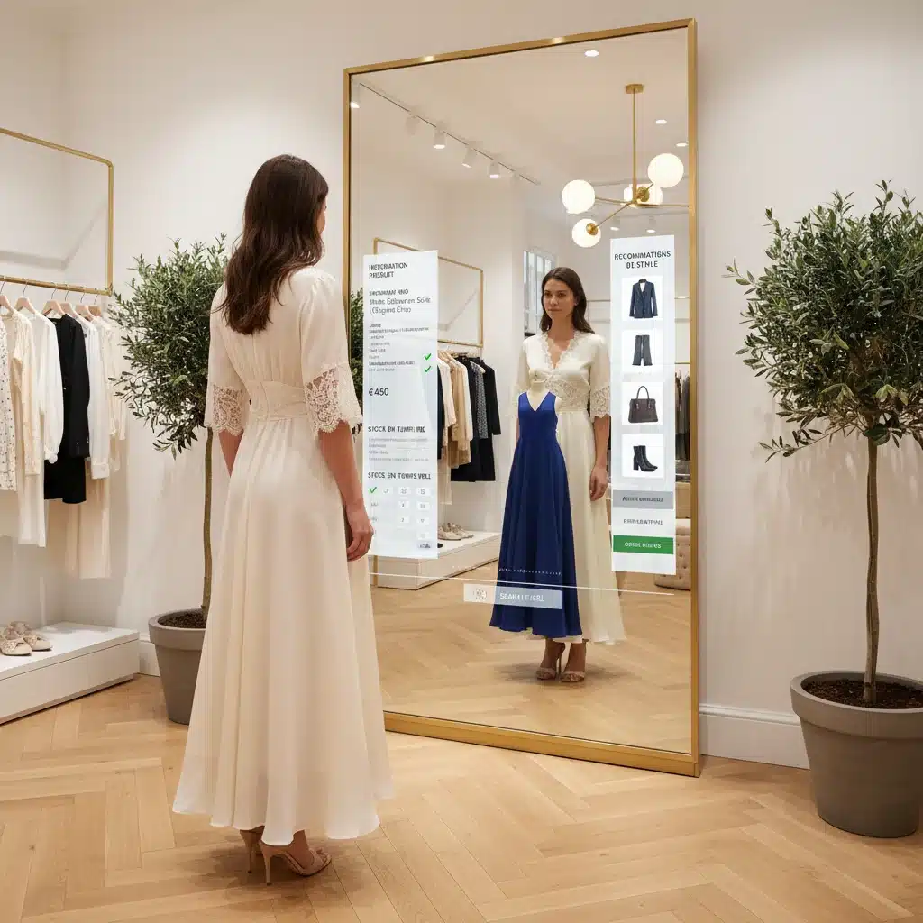 Client utilisant un miroir connecté pour essayage virtuel en boutique