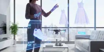 Une personne utilisant des lunettes de réalité augmentée pour visualiser des produits en 3D dans son salon, illustrant l'avenir de l'achat en ligne en France.