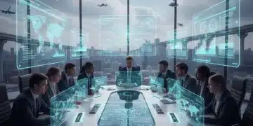 Professionnels analysant des données futuristes pour la veille stratégique en 2026.