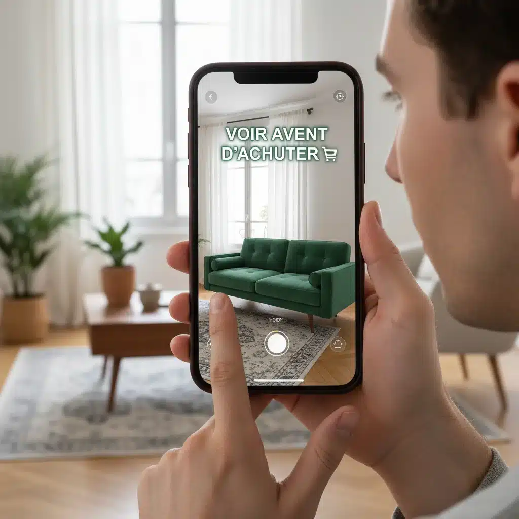Utilisateur plaçant un meuble virtuel dans son salon via la réalité augmentée sur smartphone, illustrant la visualisation de produits à domicile.