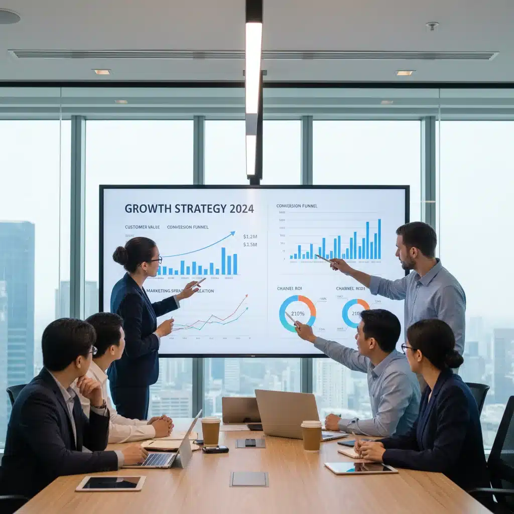 Équipe d'entreprise analysant des tableaux de bord de KPIs pour la stratégie omnicanal et la croissance.