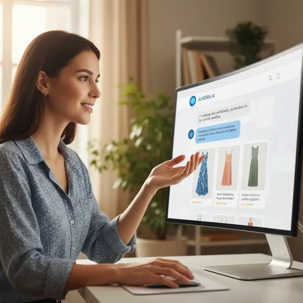 Client interagissant avec un chatbot IA pour des recommandations de produits personnalisées sur un site e-commerce.
