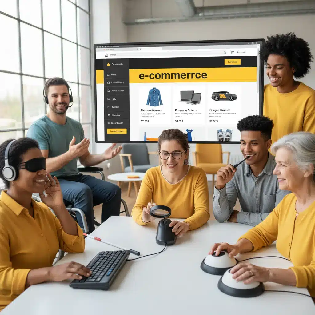 Utilisateurs divers naviguant sur un site e-commerce avec un design inclusif et accessible, utilisant des technologies d'assistance.